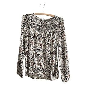 Lucky Brand NWT Smocked Floral Peasant Brown and Cream Floral Blouse